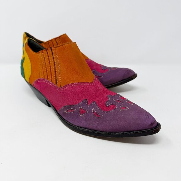 Vintage 90s Circle S Multicolor Leather Western Ankle Booties Women's 8 Slip On - Picture 1 of 10